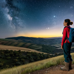 **

A woman stands in a vast Alentejo landscape in Portugal. She wears modest outdoor clothing suitable for hiking: sturdy boots, long pants, and a long-sleeved shirt. She carries a backpack and looks out at the rolling hills. In the background, the Milky Way is visible in the night sky. Safe for work, appropriate content, fully clothed, professional photography, perfect anatomy, correct proportions, natural pose, well-formed hands, proper finger count, natural body proportions, family-friendly.

**