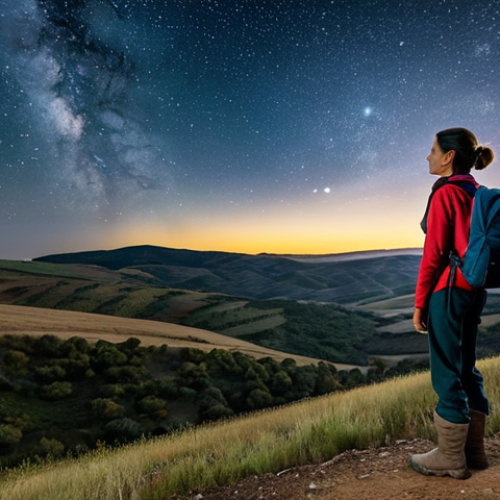**

A woman stands in a vast Alentejo landscape in Portugal. She wears modest outdoor clothing suitable for hiking: sturdy boots, long pants, and a long-sleeved shirt. She carries a backpack and looks out at the rolling hills. In the background, the Milky Way is visible in the night sky. Safe for work, appropriate content, fully clothed, professional photography, perfect anatomy, correct proportions, natural pose, well-formed hands, proper finger count, natural body proportions, family-friendly.

**