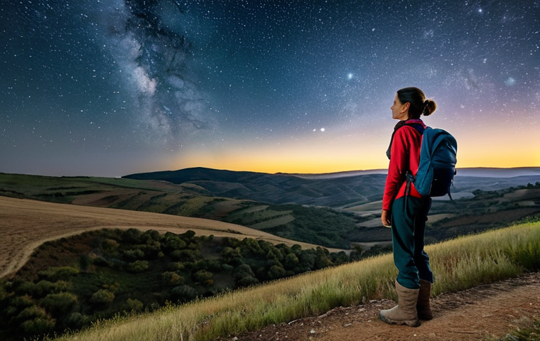 **
A woman stands in a vast Alentejo landscape in Portugal. She wears modest outdoor clothing suitable for hiking: sturdy boots, long pants, and a long-sleeved shirt. She carries a backpack and looks out at the rolling hills. In the background, the Milky Way is visible in the night sky. Safe for work, appropriate content, fully clothed, professional photography, perfect anatomy, correct proportions, natural pose, well-formed hands, proper finger count, natural body proportions, family-friendly.
**