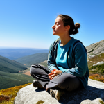 Mindful Moment in Nature**

A woman fully clothed in hiking attire, sitting peacefully on a rock overlooking a serene mountain vista in the Serra da Estrela, Portugal. She is meditating with eyes closed, hands resting gently on her lap. The scene is bathed in soft, natural light. Focus on capturing a sense of calm and tranquility. Include details like wildflowers, moss on the rocks, and a clear blue sky. Safe for work, appropriate content, family-friendly, professional, perfect anatomy, natural proportions, well-formed hands, proper finger count, natural body proportions.

**