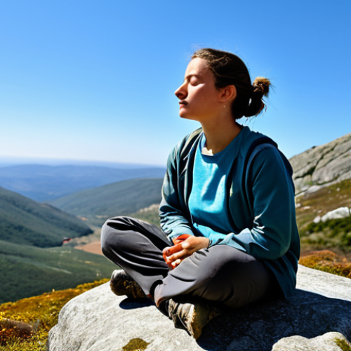Mindful Moment in Nature**

A woman fully clothed in hiking attire, sitting peacefully on a rock overlooking a serene mountain vista in the Serra da Estrela, Portugal. She is meditating with eyes closed, hands resting gently on her lap. The scene is bathed in soft, natural light. Focus on capturing a sense of calm and tranquility. Include details like wildflowers, moss on the rocks, and a clear blue sky. Safe for work, appropriate content, family-friendly, professional, perfect anatomy, natural proportions, well-formed hands, proper finger count, natural body proportions.

**