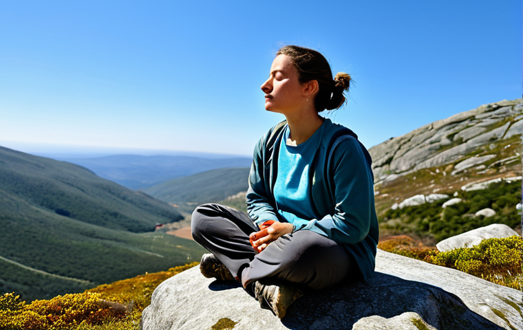 Mindful Moment in Nature**
A woman fully clothed in hiking attire, sitting peacefully on a rock overlooking a serene mountain vista in the Serra da Estrela, Portugal. She is meditating with eyes closed, hands resting gently on her lap. The scene is bathed in soft, natural light. Focus on capturing a sense of calm and tranquility. Include details like wildflowers, moss on the rocks, and a clear blue sky. Safe for work, appropriate content, family-friendly, professional, perfect anatomy, natural proportions, well-formed hands, proper finger count, natural body proportions.
**