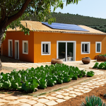 Sustainable Living in the Portuguese Countryside**

"A picturesque view of a sustainable, off-grid home in the Alentejo region of Portugal. The house is built with natural materials like cork and clay, and features solar panels on the roof and a rainwater harvesting system. A lush vegetable garden and fruit trees surround the house. A fully clothed woman is tending to the garden, wearing modest clothing appropriate for gardening. Focus on natural light and earthy tones. Safe for work, appropriate content, fully clothed, professional photography, perfect anatomy, natural proportions, family-friendly."

**