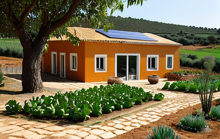 Sustainable Living in the Portuguese Countryside**
"A picturesque view of a sustainable, off-grid home in the Alentejo region of Portugal. The house is built with natural materials like cork and clay, and features solar panels on the roof and a rainwater harvesting system. A lush vegetable garden and fruit trees surround the house. A fully clothed woman is tending to the garden, wearing modest clothing appropriate for gardening. Focus on natural light and earthy tones. Safe for work, appropriate content, fully clothed, professional photography, perfect anatomy, natural proportions, family-friendly."
**