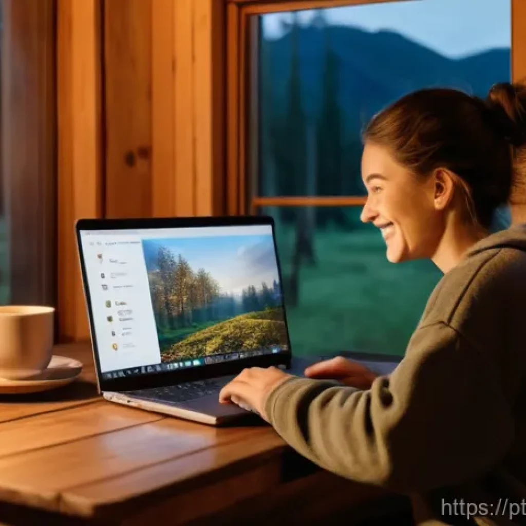 오프그리드 여행에서의 친구들과의 관계 유지 - A cozy, warm-lit off-grid cabin interior at dusk. A person, dressed in comfortable, modest clothing ...