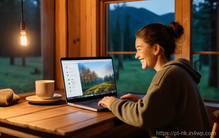 오프그리드 여행에서의 친구들과의 관계 유지 - A cozy, warm-lit off-grid cabin interior at dusk. A person, dressed in comfortable, modest clothing ...