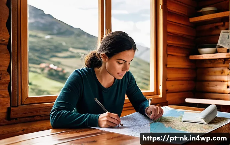 오프그리드 여행을 위한 시간 관리 방법 - **Prompt:** A Portuguese traveler, a woman in her late 30s, with practical hiking pants and a long-s...