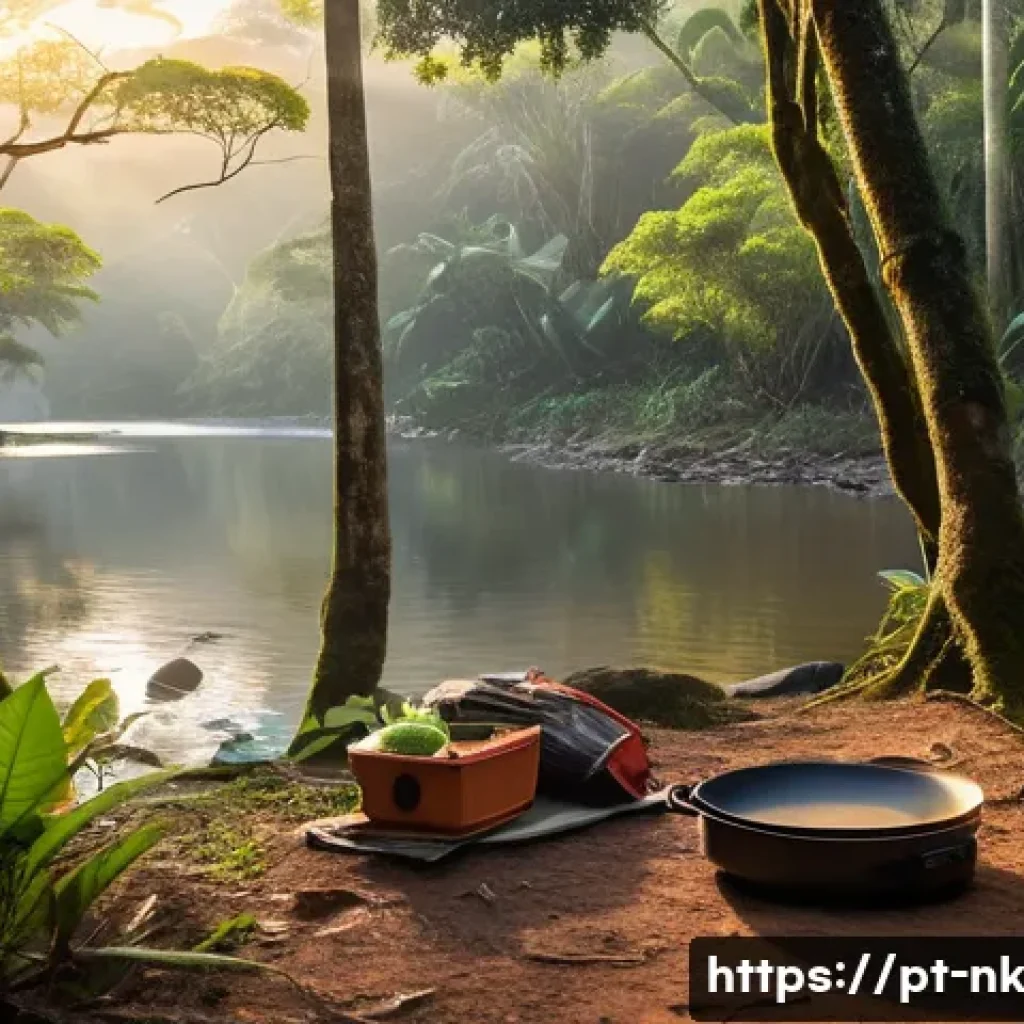오프그리드 여행의 가치와 중요성 이해하기 - A serene off-grid camping scene at dawn in a lush Brazilian forest, featuring a compact, sturdy tent...
