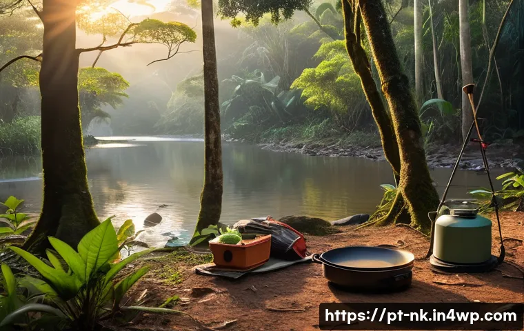 오프그리드 여행의 가치와 중요성 이해하기 - A serene off-grid camping scene at dawn in a lush Brazilian forest, featuring a compact, sturdy tent...