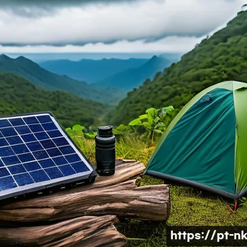 오프그리드 여행 필수 장비 리스트 - A detailed outdoor camping scene featuring essential off-grid equipment: a lightweight, foldable sol...