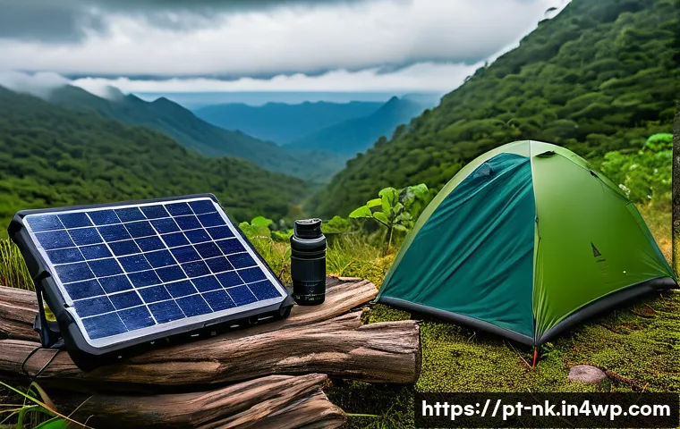 오프그리드 여행 필수 장비 리스트 - A detailed outdoor camping scene featuring essential off-grid equipment: a lightweight, foldable sol...