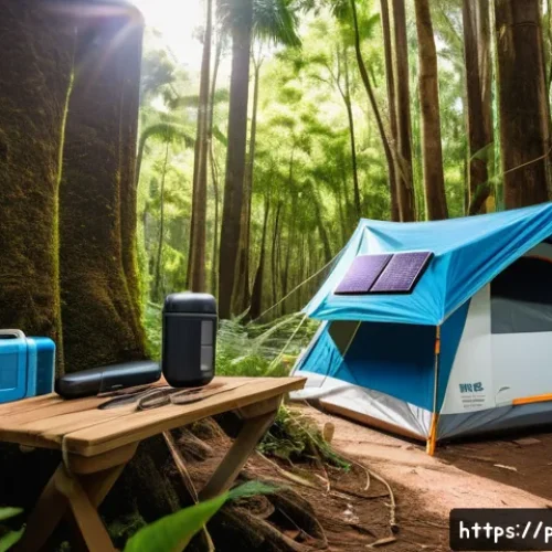 오프그리드 여행을 위한 대체 에너지 활용법 - A detailed outdoor camping scene in a sunny Brazilian forest clearing, featuring a portable foldable...