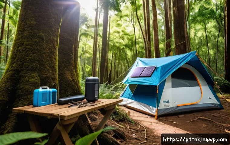 오프그리드 여행을 위한 대체 에너지 활용법 - A detailed outdoor camping scene in a sunny Brazilian forest clearing, featuring a portable foldable...