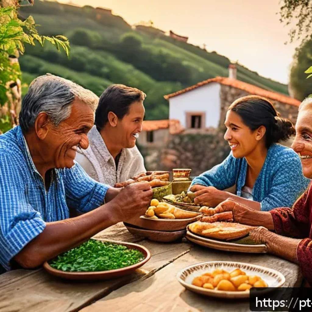 오프그리드 여행의 문화적 다양성 - A warm, inviting rural Portuguese village scene during golden hour, featuring local residents in tra...