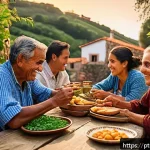 오프그리드 여행의 문화적 다양성 - A warm, inviting rural Portuguese village scene during golden hour, featuring local residents in tra...