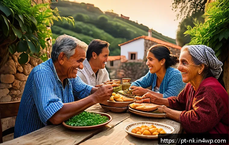 오프그리드 여행의 문화적 다양성 - A warm, inviting rural Portuguese village scene during golden hour, featuring local residents in tra...
