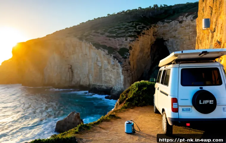 Home 15 현대 기술과 오프그리드 여행의 조화 - Photorealistic sunrise scene on Portugal’s Atlantic coast, a compact off-grid camper van parked besi...