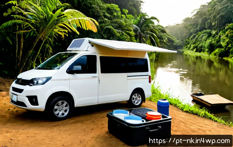 Home 26 자연 속 오프그리드 여행의 이점 - Photorealistic off-grid travel scene in a lush Brazilian Atlantic Forest clearing, compact solar-pow...