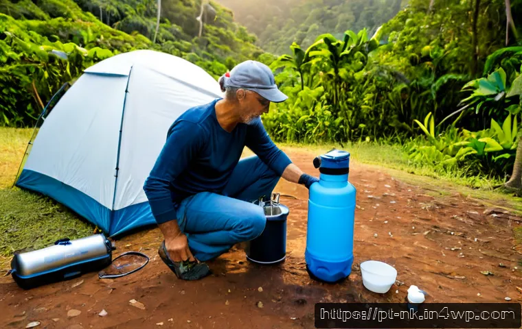 Home 15 오프그리드 여행에서의 물 관리 방법 - Photorealistic off-grid campsite in rural Brazil, a middle-aged traveler carefully filling reusable ...